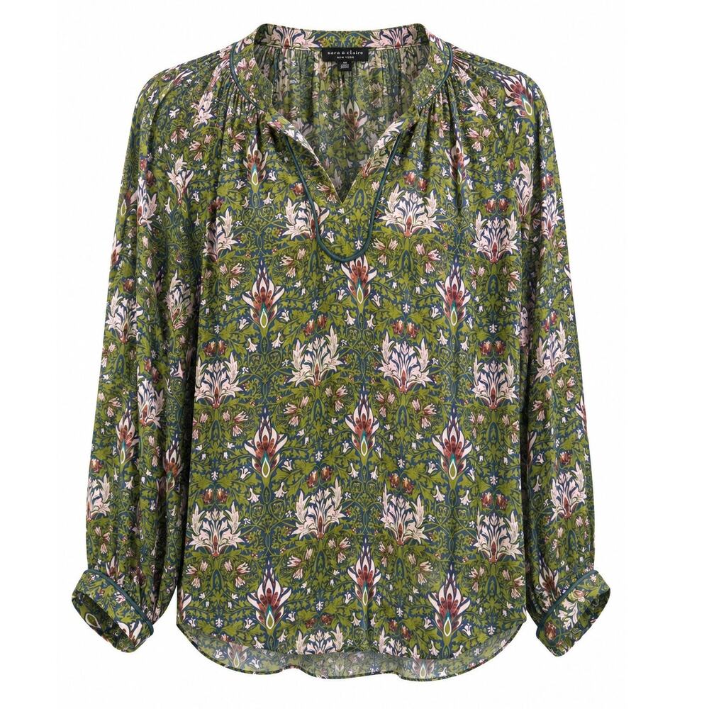 Current Air Floral Satin Peasant Blouse Size Small Tile Split Neck Top Green